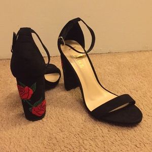 Felora Black Suede Embroidered Ankle Strap Heels